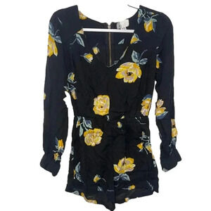 Volcom XS Black Long Sleeve V-Neck Romper with Yellow Floral Print